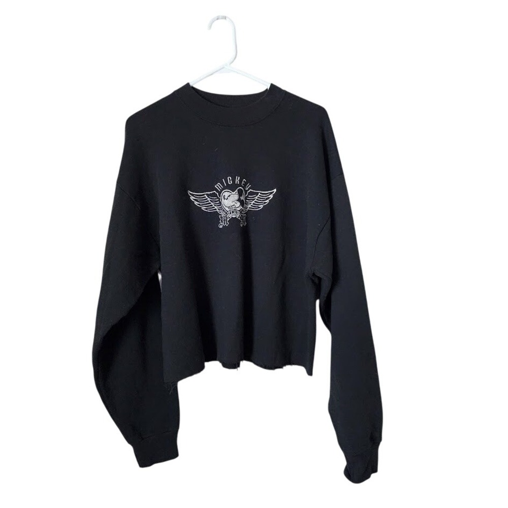 MICKEY & CO Vintage 90s Cropped‎ Sweatshirt Raw Hem Biker Club Logo black Y2K